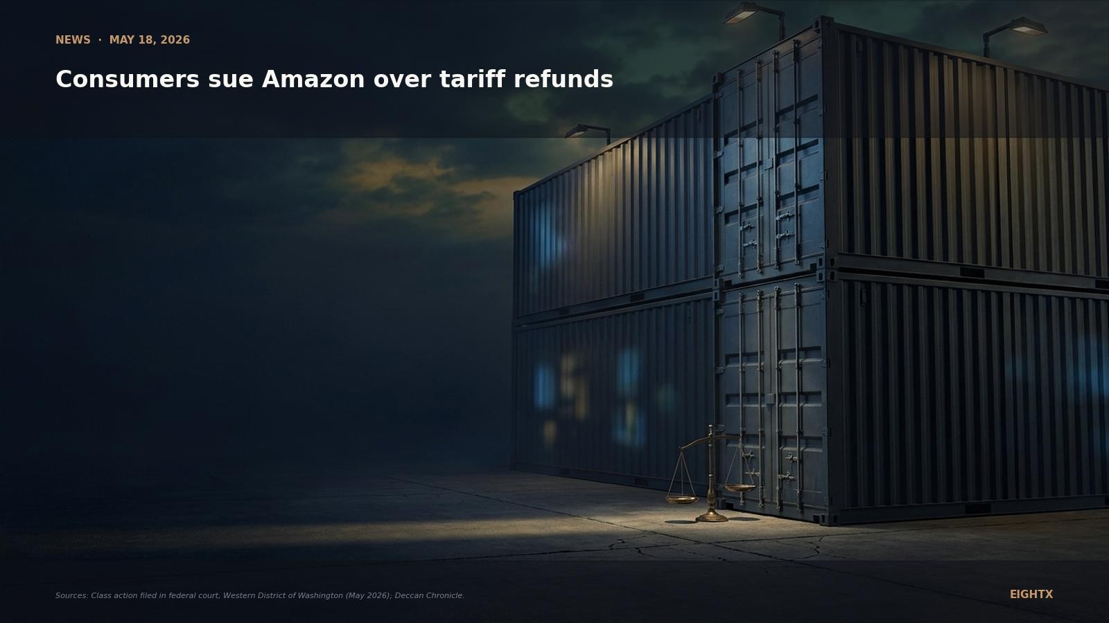Editorial illustration: two enormous dark cargo shipping containers stacked at a port at twilight, a tiny brass merchant scales of justice at the base lit by a thin shaft of muted gold light - visual metaphor for the class action against Amazon over Trump IEEPA tariff refunds.